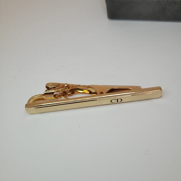 Christian Dior Tie Clip Bar Clasp Gold Tone 2in CD Vintage Made Germany Designer - Picture 2 of 9